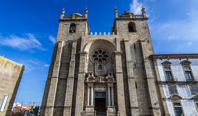 Fototapeta na wymiar Front view of Se Cathedral in Porto, Portugal