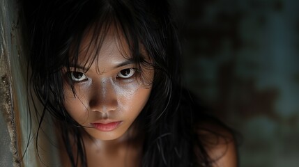Close up portrait of Asian cute girl in an abandoned house looking at camera with sad unhappy face. 