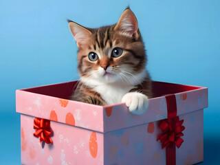 Cute Adorable Kitten Playing Around In A Gift Box Christmas Birthday Surprise Gift Isolated Background Copy Space