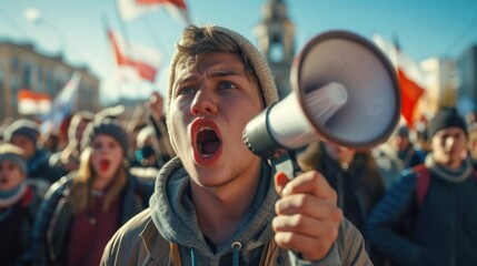 Strike concept with young man shouting at protest. Determined activist amidst demonstrators. - obrazy, fototapety, plakaty