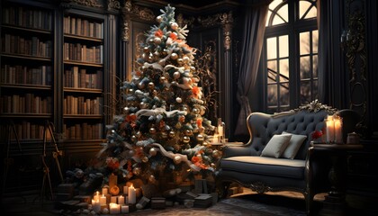 Christmas tree in the interior of the house. 3d illustration.