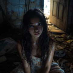 Close up portrait of Asian cute girl in an abandoned house looking at camera with sad unhappy face. 