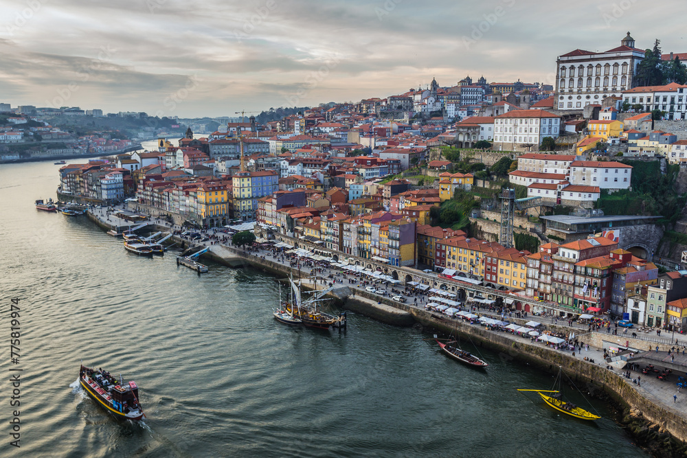 Sticker Evening in Porto city, view from Dom Luis I Bridge, Portugal