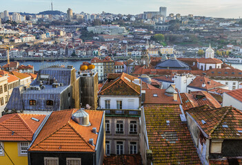 Aerial view in Porto city, view with Vila Nova de Gaia cityscape, Portugal