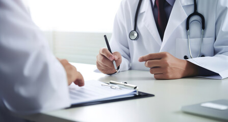Close-up of a doctor's hands writing on a clipboard, with a stethoscope visible, symbolic of medical consultation.