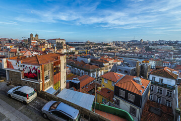 Aerial view in Porto city, vVila Nova de Gaia city on background, Portugal
