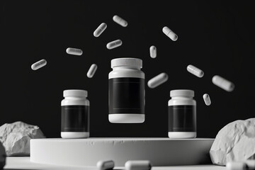 3 white supplement bottles with black label on front with space for logo, name or text on white podium with dark background
