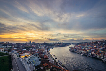 Sunset view of cities of Vila Nova de Gaia and Porto, Portugal