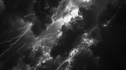 Powerful lightning storm with multiple strikes illuminating dark clouds, showcasing intense power...
