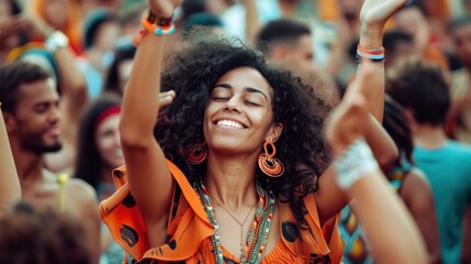 Mesmerizing woman dancing at a music festival. Dynamic atmosphere of celebration.