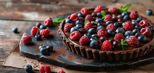 A delectable chocolate tart filled with silky smooth ganache and fresh berries. - obrazy, fototapety, plakaty