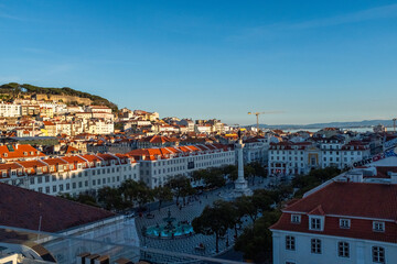 Fototapeta na wymiar View of king pedro IV square called rossio from above at dusk in Lisbon Portugal