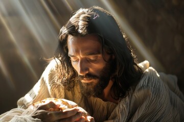 Jesus holding bread in sunlight beams