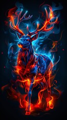 A deer with glowing antlers on it's antlers. A magical creature made of fire on black background.