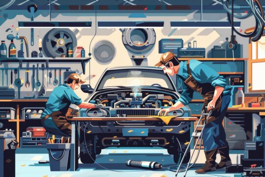 A mechanic repairing a car engine with various tools spread out around them in a garage. Illustration On a clear white background