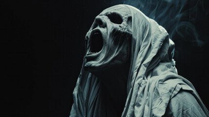 Ghastly undead ghost emits bone-chilling scream. Nightmare scene as a white ghost screams against a pitch-black background, capturing horror with cinematic flair.