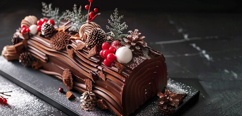 A festive chocolate yule log cake adorned with edible holiday decorations.