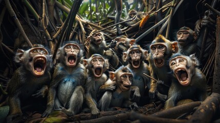 Jungle revelry of drunken monkeys. Whimsical scene amidst lush foliage. Energy and laughter in playful chaos. - obrazy, fototapety, plakaty