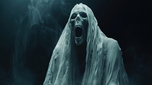 Ghastly white undead ghost screams. Haunting image with cinematic flair. Heightened horror.