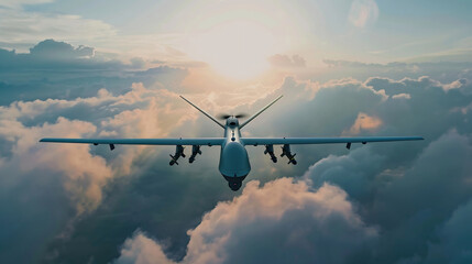 Fototapeta na wymiar Unmanned military drone flying in the sky above the clouds, American technology. Concept: military reconnaissance drone, incident in the sky, war in Ukraine.