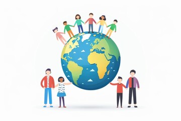 An illustration of a globe surrounded by diverse families holding hands, symbolizing unity and inclusivity