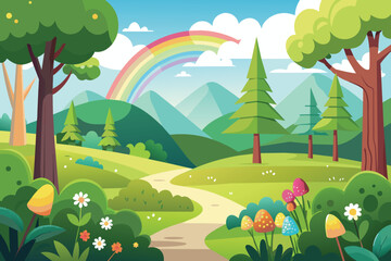 Naklejka premium Adobe Illustrator ArtworkSpring landscape of forest with trees grass nature valley park with meadow and flowers field in spring with rainbow cartoon vector art illustration for kids background.