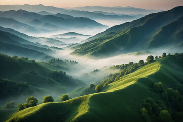 Green mountains in the morning mist. Aerial drone view