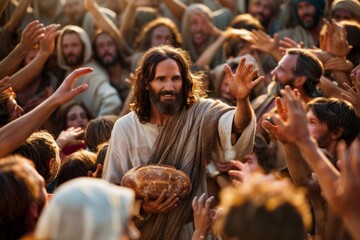 Jesus surrounded by crowd with bread