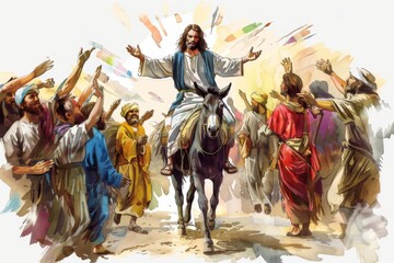 Illustration of Jesus entering Jerusalem on a donkey, surrounded by a cheering crowd