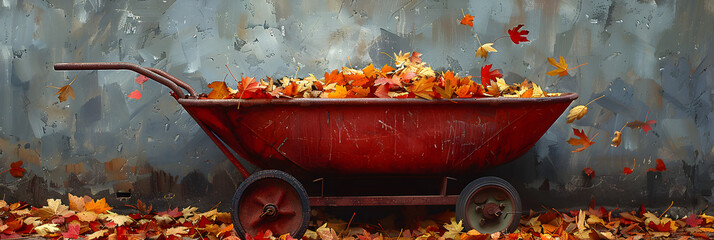 Wheelbarrow with Leaves,
A drawing of a wheelbarrow with leaves on it - obrazy, fototapety, plakaty