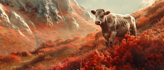 A surreal interpretation of a cow in a field blending into an abstract landscape made of beef textures - obrazy, fototapety, plakaty