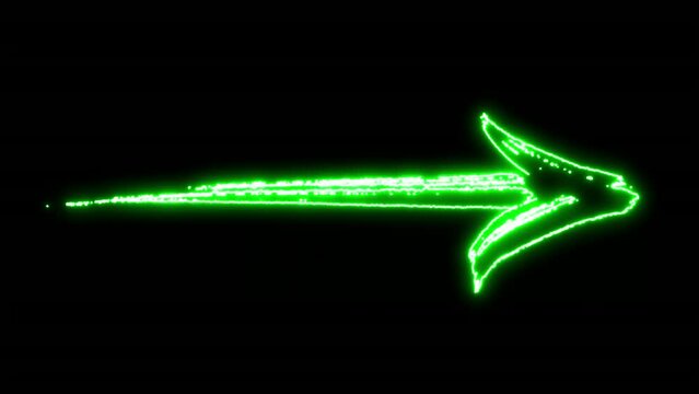 Neon arrow design element isolated on black background. Hand Drawn Doodle Style Glowing Arrow.