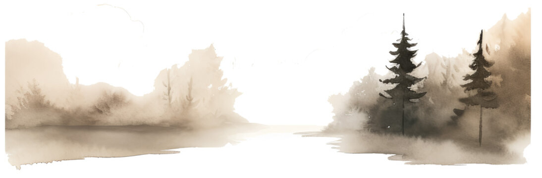 Reflective water scene with watercolor trees