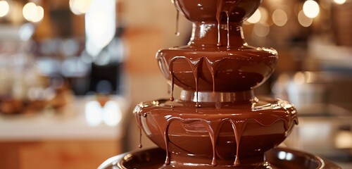 A tempting chocolate fountain cascading velvety streams of molten chocolate bliss.