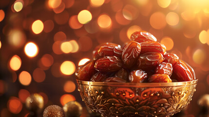 A meticulously arranged bowl of luscious dates takes center stage against a radiant bokeh background, adorned with delicate ornaments, symbolizing the spirit of Ramadan
