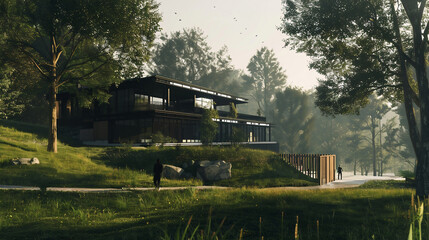 Obraz premium modern contemporary home with huge windows and luxury light in a grassy yard