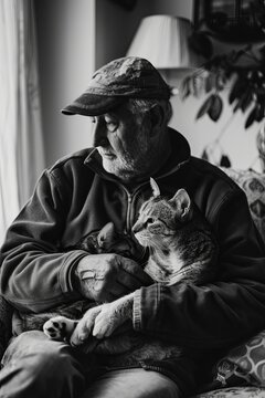 A man sits on the sofa with pets. A pet owner pets his old cat and dog together. real photo. generative AI
