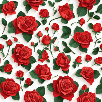seamless pattern image of red roses on white background to use as texture for packaging, fabric, wallpaper, clothing