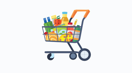 Grocery cart from the supermarket with products. Vect