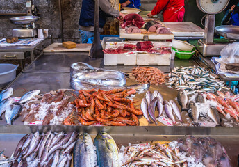 Fish stand on food market in Syracuse historic city on Sicily Island, Italy