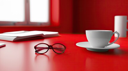 Coffee cup and glasses on red table.