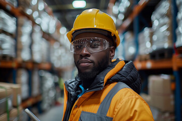 Warehouse security officer wearing a safety helmet, holding an tablet in hand and monitoring dynamic workplace for staff safety and security
