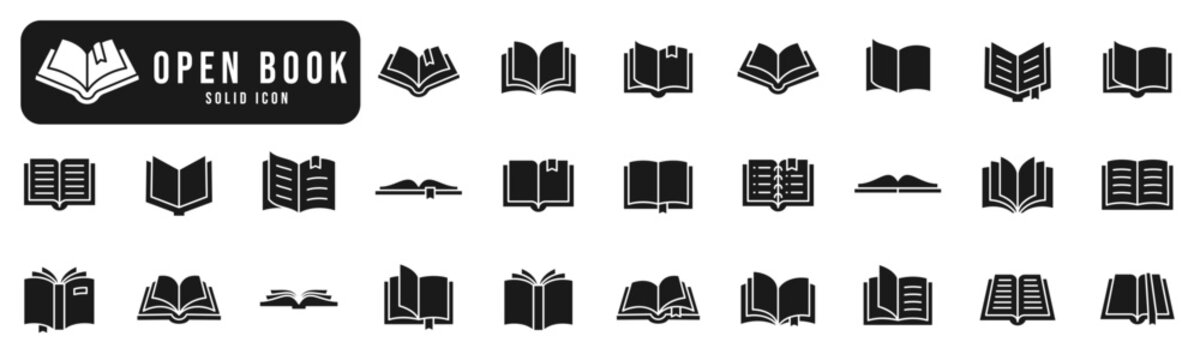 Open book solid icon set. Diary, open book, pages, bookmark, magazine etc.