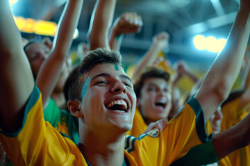 Brazilian young soccer fans cheer for their team in the stadium. Close-up of fans with raised hands
