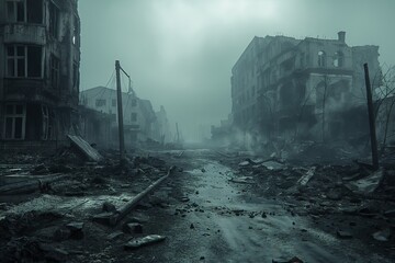 A destroyed city after war. 3D rendering - obrazy, fototapety, plakaty