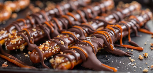 Crunchy chocolate-covered pretzel rods drizzled with sweet and salty caramel.