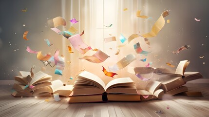 Whispering Pages Books Opening into a Swarm of Flying Letters
