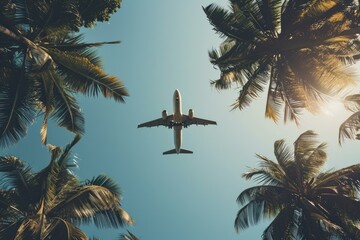 Adventurous Airplane over tropical palm. Summer paradise. Generate Ai - 775823122