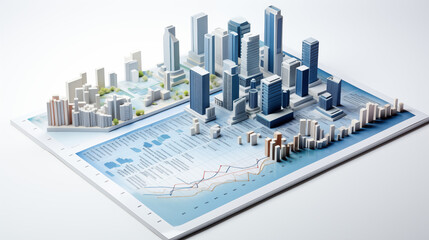 Futuristic City Model with Glass Skyscrapers and Data Charts