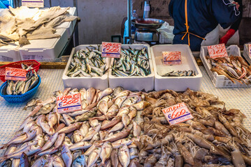Fishes and squids on food market in Syracuse historic city on Sicily Island, Italy